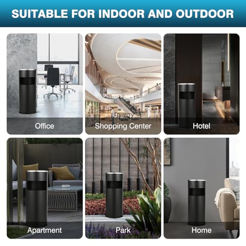 Image of IRONWALLS Outdoor /Indoor Trash Can with Lid, Black Stainless Steel Garbage Can Waste Bin Receptacle Container, Commercial Trash Can Round with Removable Tray & Inner Bucket for Office, Patio, Home