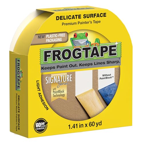 FrogTape Delicate Surface Painters Tape with PAINTBLOCK, 1.5 Inch Wide (1.41 In. x 60 Yds), Low Adhesion, Ideal for Freshly Painted Walls, Trim & Surfaces, Yellow, 1 Roll (280221)