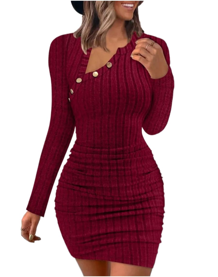 Vestido De Punto para Mujer - Vestido Midi Ajustado De Manga Larga con Cuello Abotonado Y Canalé para Mujer para Cumpleaños, Vestidos Elegantes De Calle De Otoño