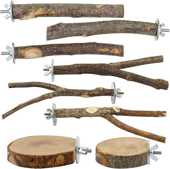 Image of 8 Pieces Natural Wood Bird Perch Wooden Parrot Perch Stand Fork Toys Hanging Multi-Branch Perch Platform Hammock Swing Toy for Macaws, Small Parakeets, Conures, Budgies, Finches