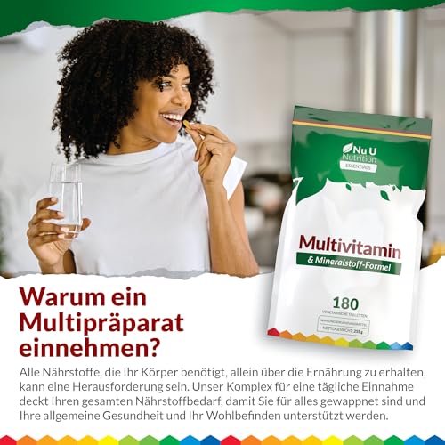 Multivitamin-Tabletten für Männer & Frauen - 180 Tabletten - 6 Monats-Vorrat - 25 A-Z Multivitamine & Mineralien mit Eisen, Zink & Vitamin D - Eine pro Tag - Nu U Nutrition