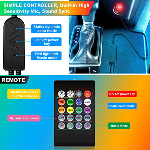 Shynerk Interior Car Lights, Car LED Strip Lights 2-in-1 Design 4pcs 48 LED Remote and APP Controller Lighting Kits, Waterproof Multi DIY Color Music Car Lighting with Car Charger and DC 12V - Thumbnail 2