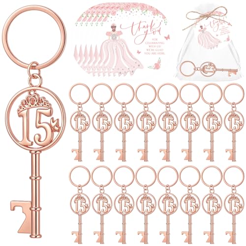 Sliner 50 Sets Quinceanera Party Favors for Guests 15 Birthday Keychain 15 Years Old Bottle Opener Thank You Tags Quinceanera Gift 15 Birthday Quince Party Souvenirs for Girl Adults (Rose Gold)