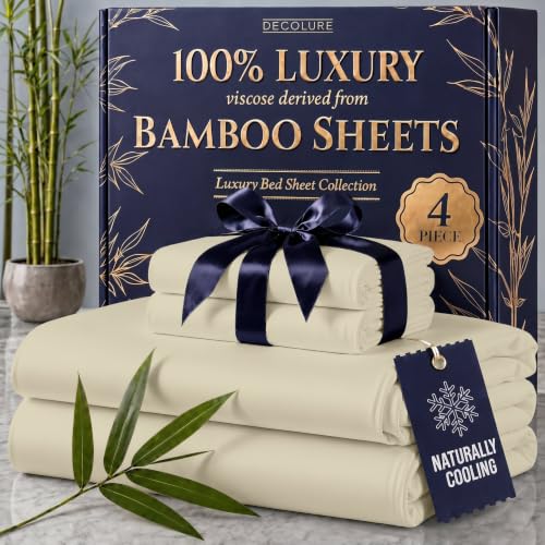 Image of DECOLURE 100% Viscose Derived from Bamboo Sheets King Size - Luxury 4 Pc Naturally Cooling Sheets, Ultra Soft Bed Set - Deep 17 inch Pockets, Durable Double Stitching, Oeko Tex Standard (Creme)