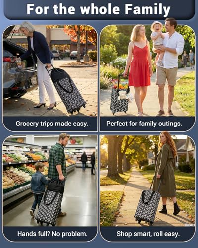 Image of Rolling Shopping Bag, Small Shopping Cart with Wheels,Collapsible Portable Waterproof Tote for Market & Grocery Runs-Gift for Women & Seniors(Black&Expandable Bag)