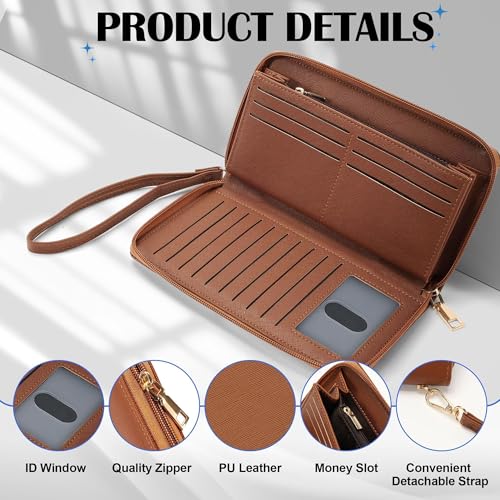 Image of Chelmon Women's Vegan Leather Clutch Wallet with Zip, Hand Strap, Large Capacity, Ch Brown, 8.26 inchx4.5 inchx1 inch, Classic