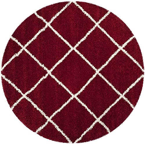 Image of Round Shaggy Fur Rugs and Carpet for Bedroom, Living Room (5x5 Feet Round, RED & Ivory)