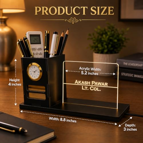Image of Zesta Wooden Desk Organizer Pen Stand Remote Holder Card Slot | Table Accessory Office Desk Study Room | Pencil Storage Stand Stylish Workspace Decor (Black, Custom Organiser)
