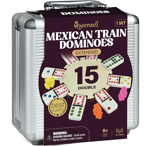 Queensell Mexican Train Dominoes Set Double 15 for Adults and Family, Mexican Train Double 15 Dominoes Set Colored Dot - 136 Tiles, 9 Trains, Wooden Hub, Aluminum Case (Double 15)