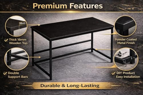 Image of Portable Wood & Metal Computer Desk | Modern Writing Table | Stylish Multipurpose Study Table Best for Home, School, Office Work & More | Ideal for Kids & Adults (Black)