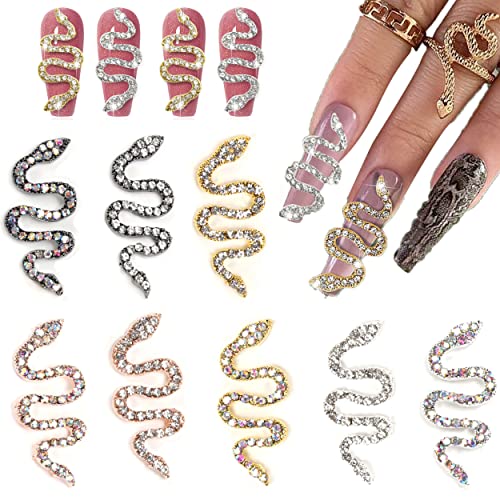 8 Pcs Snake Nail Charms 3D Snake Nail Art Charms Metal Snake Wave Nail Rhinestones Colorful Nail Diamond Nail Crystal Snake Nail Jewelry Accessories for DIY Crafts Nail Art Decorations