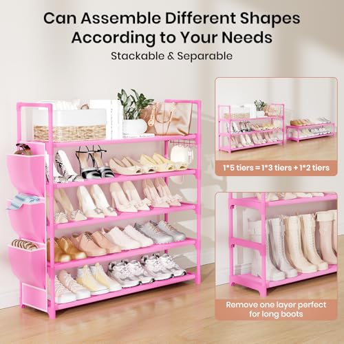 Image of VILICK Shoe Rack for Closet Shoe Organizer Space Saver Storage for 20-25 Pair Shoe Shelf with Hook and Side Pocket Free Standing 5 Tier Shoe Rack Organizer for Entryway,Small Spaces, Pink