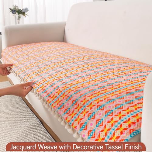Image of HOKIPO 300 GSM Cotton Acrylic Jacquard Sofa Cover Mat for 5 Seater (3+1+1) with Tassel, 'Trivana Series' Coral Orange (IN-936+933-J2*2)