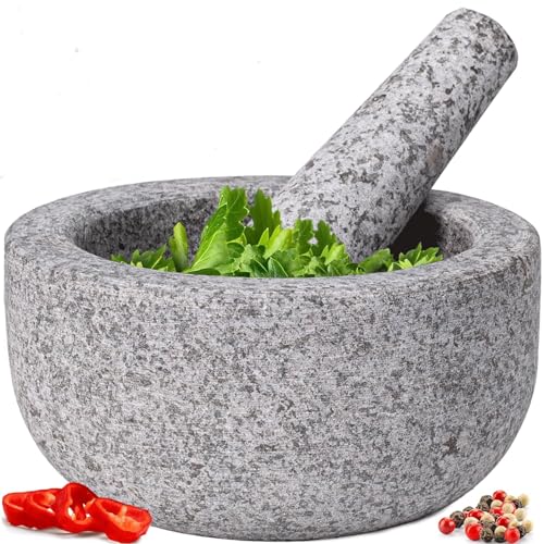 Heavy Duty Large 2 Cup Mortar and Pestle Set 17CM Pestle and 16CM Mortar 100% Granite Make Fresh Guacamole Salsa Pesto Stone Grinder Bowl Herb Crusher Spice Grinder (Gray 2 - Cups)