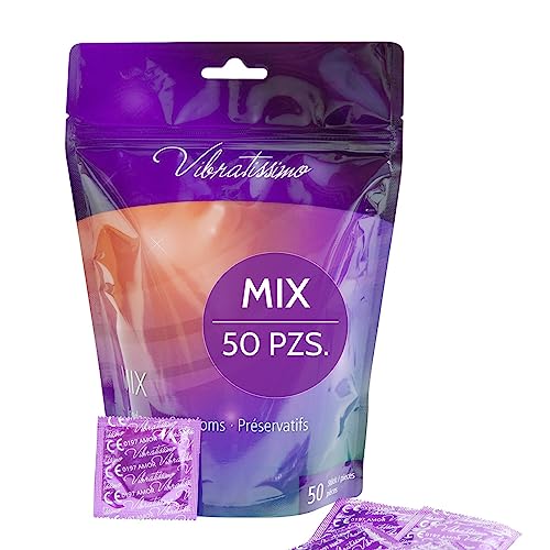 VIBRATISSIMO Condones Mix paquete de 50 mixto | sensitivos y extra húmedos | bolsa de preservativos grosor delgado y aromatizados | condones extra finos con textura estirada y acanalado