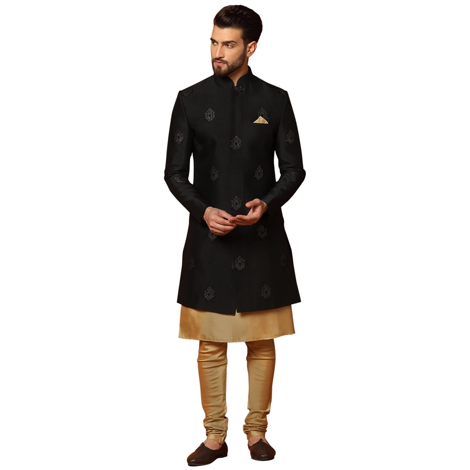 Kisah Men's Black And Golden Indo-Western Kurta Sherwani Churidar Set Cotton Silk Full Sleaves, Knee Length, Straight, Regular Fit, Mandarin Collar Ethnic Wear