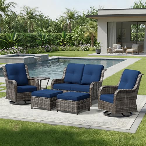 Image of Joyside 6 Piece Wicker Patio Furniture Set, Outdoor Swivel Rocker Patio Chairs with High Back, Deep Seating, Wide Armrest, Thickened Cushions, Outdoor Furniture for Deck, Porch Use