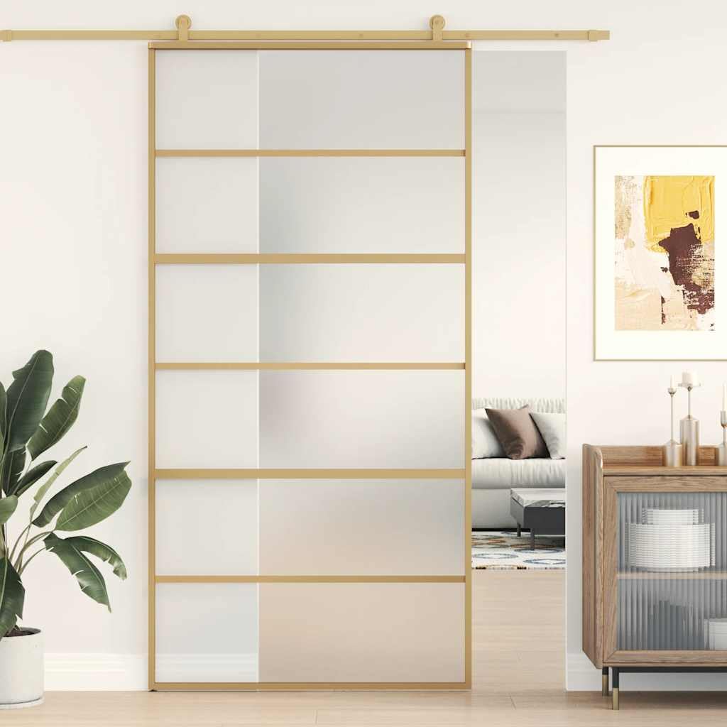 Drzwi przesuwne Golden 102,5 x 205 cm, matowe szkło ESG z aluminiową ramą, grubość szkła 5 mm, do wnętrz, przesuwne z zestawem okuć i amortyzatorem drzwi