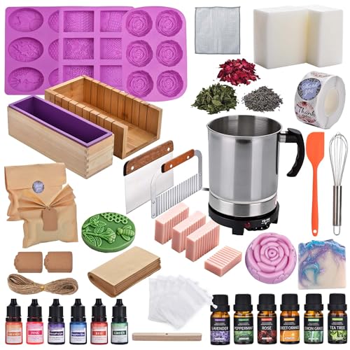 kelodo Soap Making Kit All-in-One DIY Soap Making Supplies with Removable Melter Pot Goat Milk Soap Base Dyes Essential Oil & Fragrances 3 Silicone Molds Cutters Silicone Loaf Molds for Adults
