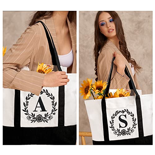 Image of BeeGreen Initial Canvas Tote Bag w Top Zipper Closure & Pockets 12oz Personalized Embroidery Monogrammed Gift Bag for Women
