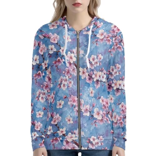 UOIMAG Sudaderas con capucha para mujer, diseño floral, cremallera frontal, manga larga, con bolsillo, trajes finos, Flor de cerezo, M