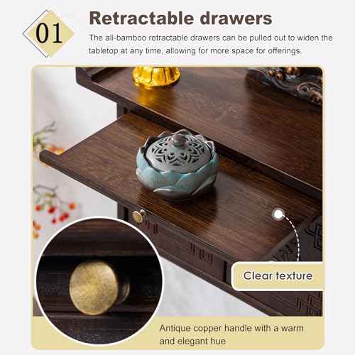 Wall-Mounted Altar Table for Spiritual,Bamboo Meditation Shrine Altar with Pull-Out Shelf and Hidden Storage Drawer for Small Spaces,Temple for Home,Pooja Mandir and Prayer Stand