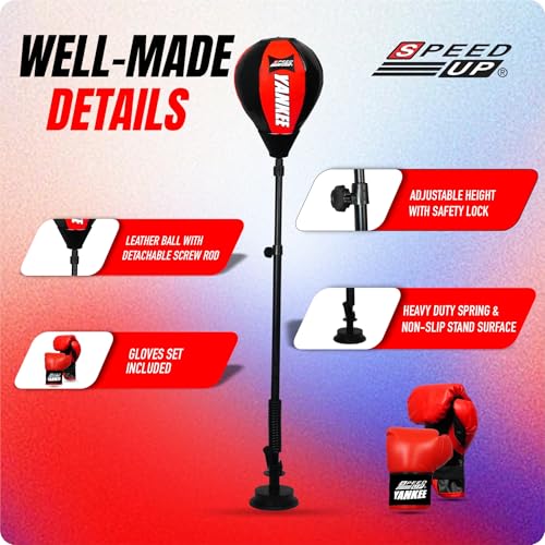 Image of SPEED UP Yankee Boxing Kit /Punch Stand Set for Kids & Adults (5+ Years Age) with Boxing Speed Ball, Punching Gloves & Pump, Adjustable Standing Boxing Kit for Practice & Traning