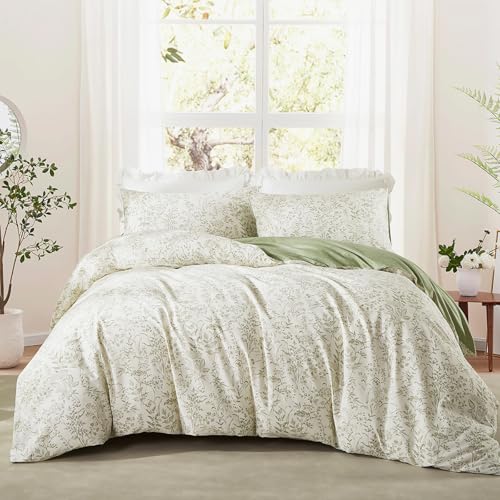 Wotcsil Funda Nórdica Cama 80/90 Floral, 100% algodón, Color Verde, Juego de Funda Edredón 135x200 cm Floral + 1 Funda de Almohada 50x75cm, con Patrón Flores Hojas Botánico Jardín