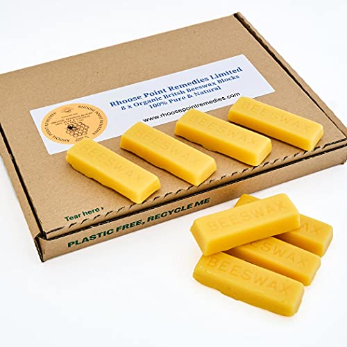 Pure British Beeswax Blocks 100% Natural Organic Bees Wax 180g Triple Filtered for Making Your own Candles, Leather Polish, Wood Polish, Wax Melts, lotions, balms, Creams & Body Butters (8 Blocks)