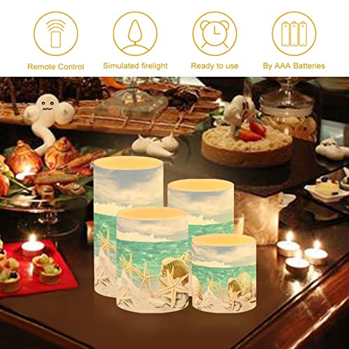 Image of LED Flickering Candles Battery Operated Candles Set of 4 with Remote Control Timer Dancing Flame Pillar Candles Home Table Coastal Decoration, Beach Sky with Starfish