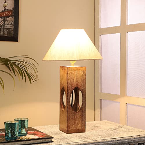 Image of tu casa Handcrafted Mango Wood Table Lamp with Off-White Cotton Shade | Bedside & Study Table Lamp for Bedroom, Living Room, Dining Area & Home Decor | Height 44 cm | Bulb Not Included
