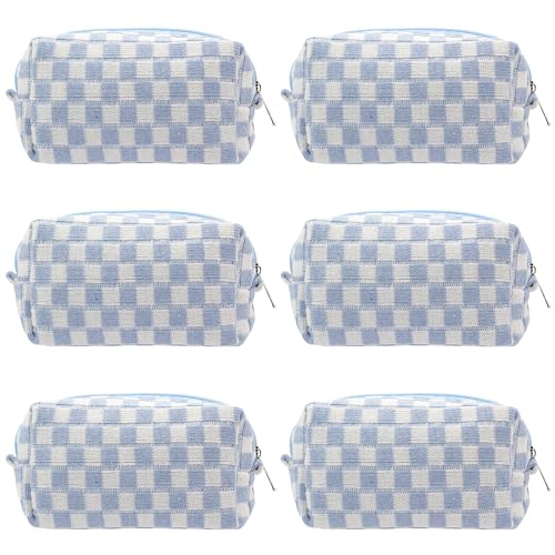 PAZIMIIK Checkered Makeup Bag for Purse Portable Zipper Make Up Pouch Small Cosmetic Case for Travel Accessories (6PCS Blue)