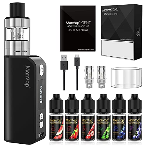 Manvap GENT Cigarette Électronique Kit Complet 80W 2200mAh avec 6x10ml E Liquide, Top Refill Atomiseur 0,3ohm 2ml, E-Cigarette Vape Pen Set sans Nicotine