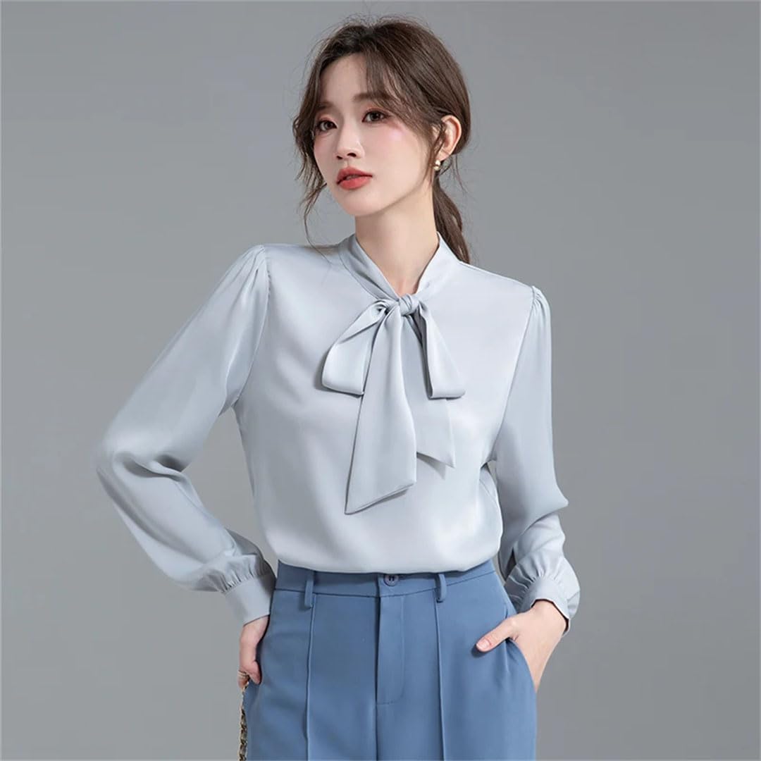 Blusas de oficina para mujer, con lazo, de manga larga, estilo coreano, holgadas
