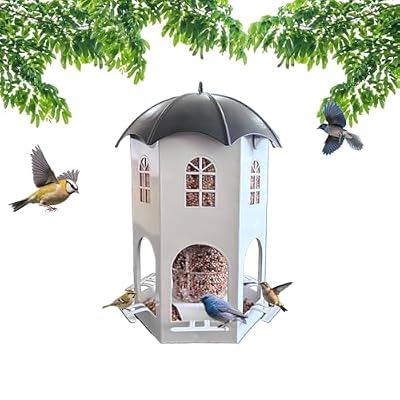 Metal Bird Feeder for Outdoors Hanging, Wild Bird Feeders with 5 Ports & Squirrel Proof, Garden Yard Outside Decoration, Large Seed Capacity, Waterproof Design (White/Black)