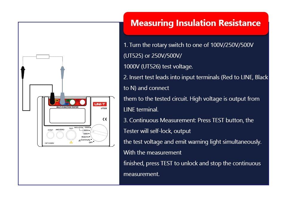Diagram showing how to measure insulation resistance with the UNI-T UT526