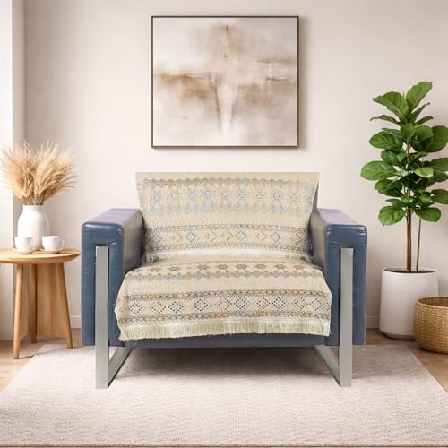 Image of Elegant Woven Beige Sofa Cover - Soft Chenille Traditional Pattern with Lace Style | L-Shape Sectional Seat Protector for Living Room | Durable & Stylish Slipcover 1 Seater Sofa Cover