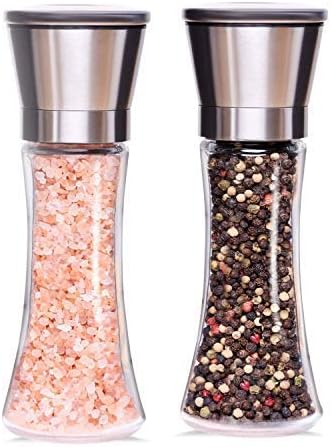 COLIBYOU Salt and Pepper Grinder Set of 2 - Brushed Stainless Steel Manual Salt Mill and Pepper Mill; 6 oz Tall Refillable Glass Body; 5 Grade Adjustable Ceramic Rotor; Salt & Pepper Shaker