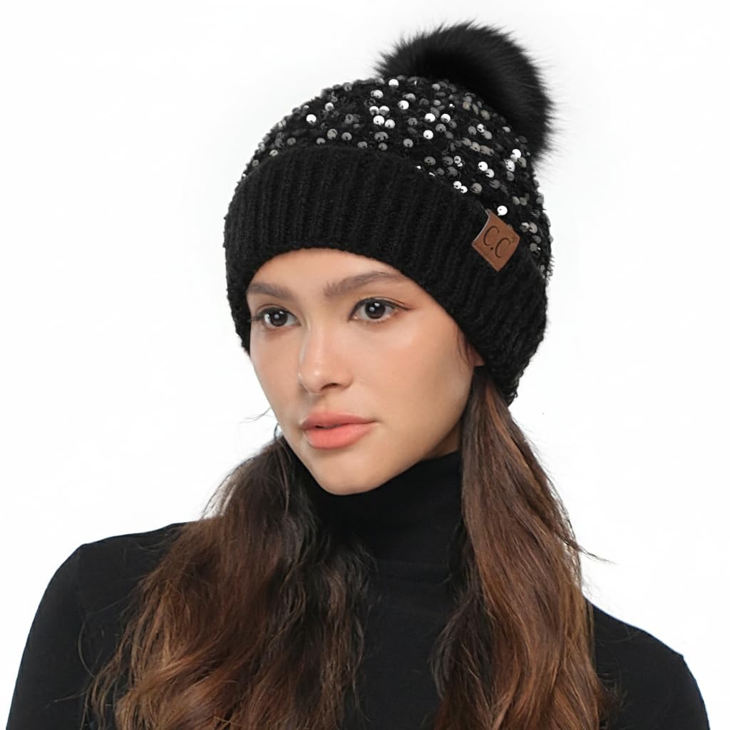 C.c Women's Sparkles-Black Sequin Pom Beanie For - Acrylic Stretchable Soft Warm Knit Winter Skully Hat With Yarn Pom, One Size