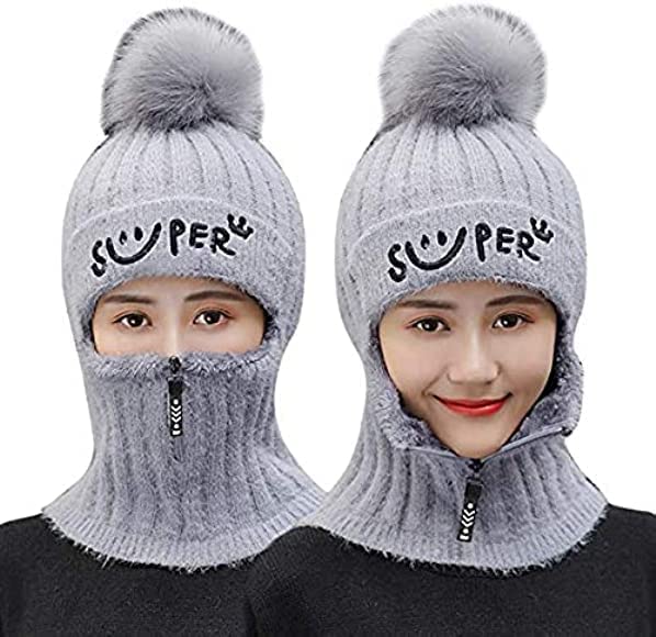 Monkey Cap for Women Winter Woolen Beanie Zipper Hat | Knitted Soft Plush Angora Wool Inside Fur Thick Windproof Face Cover Zip Hood Neck Warmer Skull Cap for Women & Girl's