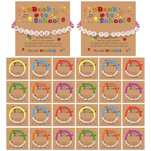 Tondiamo 24 Sets Welcome Back to School Bracelets Gifts First Day of School Gift for Students Colorful Welcome Back Bracelets with Cards Bulk for 2026 Semester Begins 1st Day of Classroom Party Favors