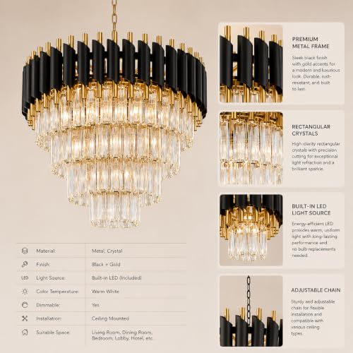 Image of Elegant Chandelier Ceiling Light for Living Room Hanging Pendant Light | Italian K9 Crystals | Metal Frame | Adjustable LED Light (Warm, Cool, Natural White) (Rotatable-500MM-Round-Black Gold)