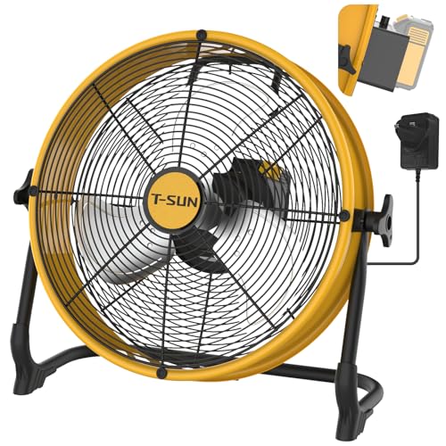 T-SUN 12 Floor Fan Compatible with dewalt 18v Battery Low Noise Cordless Gym Fan with AC Adapter Cordless Industria Fan Metal Fan High Velocity Fan for Garage/gym/Warehouse/Jobsite/Office.