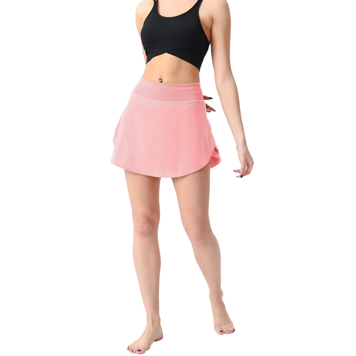 Jupe de tennis taille haute en maille pour femme avec poches, jupe de course fluide 2 en 1