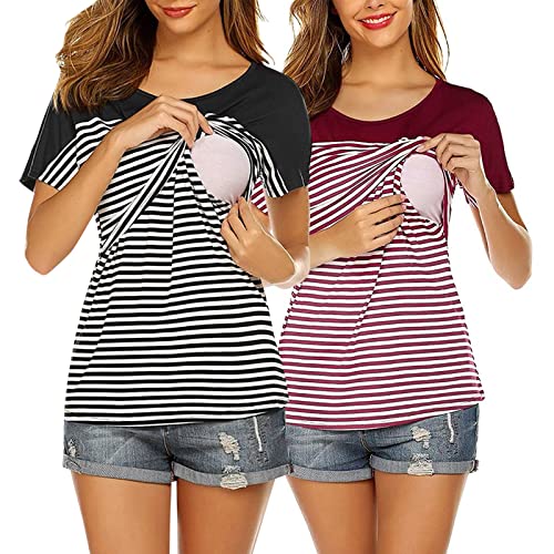 Blusas y Camisas para Premamá Camiseta de Mujeres Embarazadas Fotografia Tops de Verano Superior de Nusring para Amamantar Ropa de Dormir Blusa de Doble Capa Breastfeeding Talla Grande(Rojo,XL)