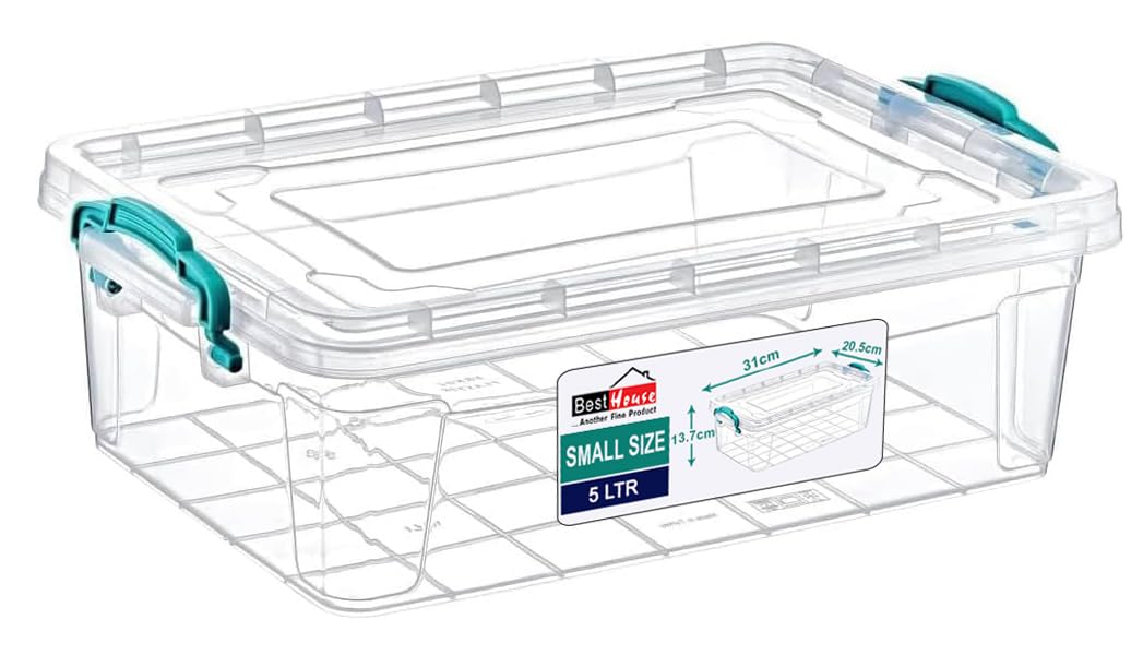 Best House | Plastic Storage Box with Clips & Lid | 5 Litres | Pack of 1 | L 32.2cm x W 20.5cm x H 13.6cm | Rectangle |Stackable Clear Durable Multipurpose Office Home Kitchen Tool (SMALL Size) — image 1