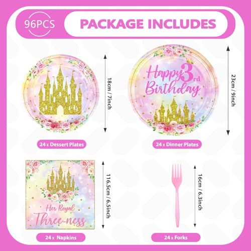 Image of Grencian 96 Pcs Princess 3rd Birthday Party Decorations, Serves 24 | Her Royal Threeness Plates and Napkins Pastel Rainbow Castle Tableware Set for Girls Princess Three Years Old Party Supplies
