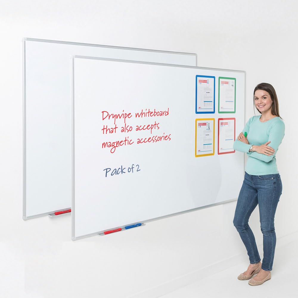 Wonderwall Large Magnetic Dry-Wipe Whiteboard, 1200 x 1800 mm, Pack of 2, Wall-Mounted, Aluminium Frame with Clip-on Pen Tray - Ideal for Office, School, Industry, Healthcare
