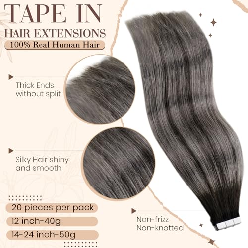 Hetto Tape Hair Extensions Human Hair Balayage Black Ombre Silver, Easy Wear Real Hair Tape in Extensions - Image 3