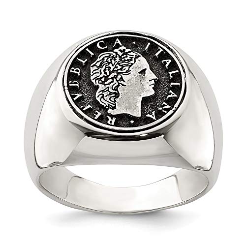 Solid 925 Sterling Silver Men's with Vintage Antiqued Replica 50 Lire Italian Coin Ring Band Size 9